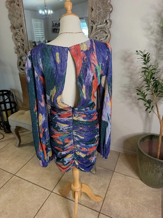Colorful Abstract Ruched Long-Sleeve Mini Dress - Picture 2 of 2